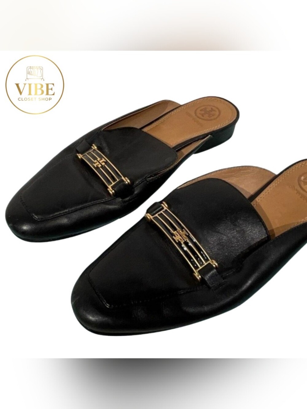 Tory Burch Black Leather Backless Loafers with Gold Accent